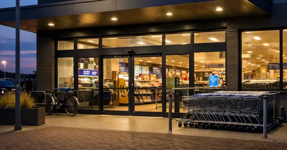Realistische foto van een ALDI-supermarkt in Vlissingen in de avond, met verlichte ingang en winkelwagens voor de deur.