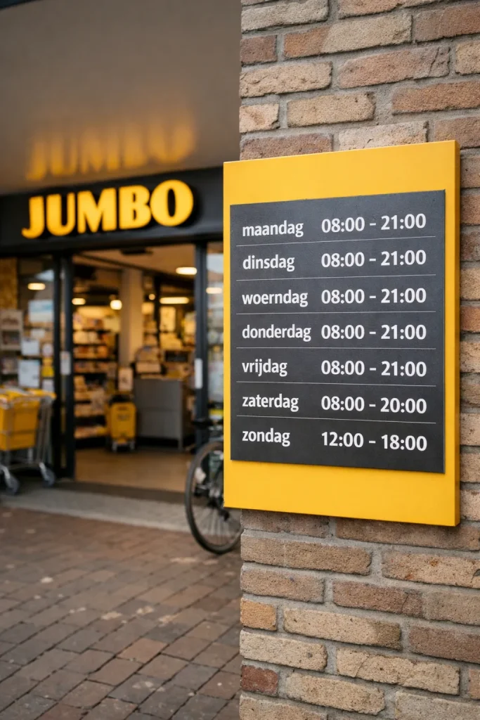 Realistische foto van de ingang van een Jumbo in Vlissingen met duidelijk zichtbare openingstijden naast de entree.