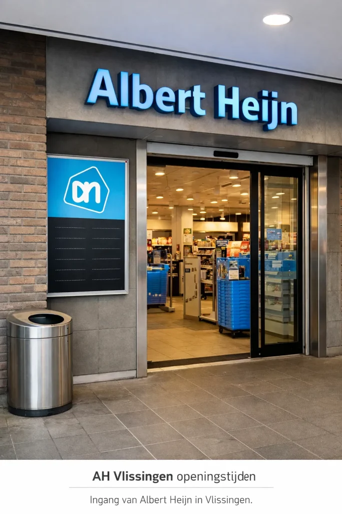 Realistische foto van de buitenkant van een Albert Heijn in Vlissingen, zonder tekst in beeld.