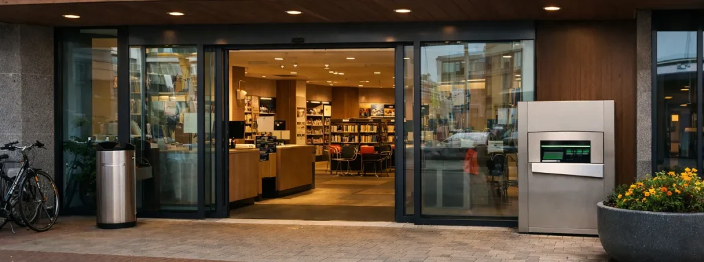 Moderne bibliotheekingang in Vlissingen met glazen deuren en een warme, uitnodigende uitstraling.