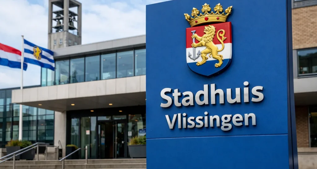 Realistische foto van de ingang van het gemeentehuis in Vlissingen, overdag en zonder tekst in beeld.