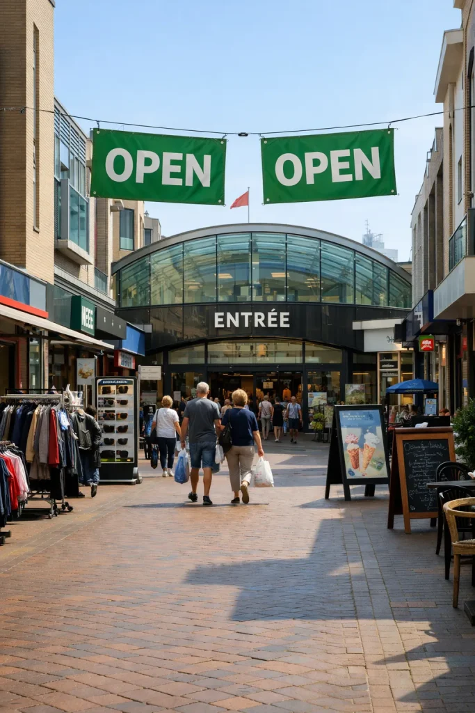 Een realistische foto van een levendige winkelstraat in Vlissingen met shoppers en winkels in het centrum.