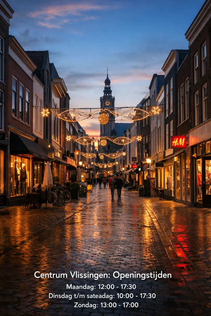 Een sfeervolle, realistische foto van het winkelcentrum in Vlissingen met warme verlichting en een natte straat na zonsondergang.