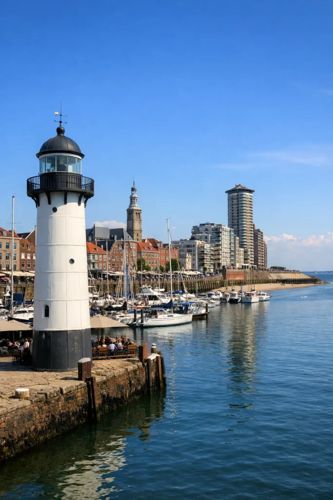 Een realistische foto van de haven van Vlissingen met een witte vuurtoren, zeilboten en kalm water onder een heldere blauwe lucht.