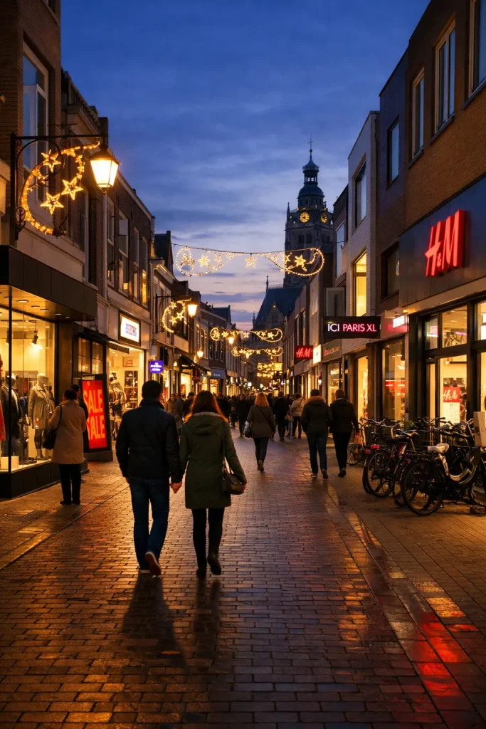 Sfeervolle winkelstraat in Vlissingen tijdens koopavond, met warme verlichting en avonddrukte.