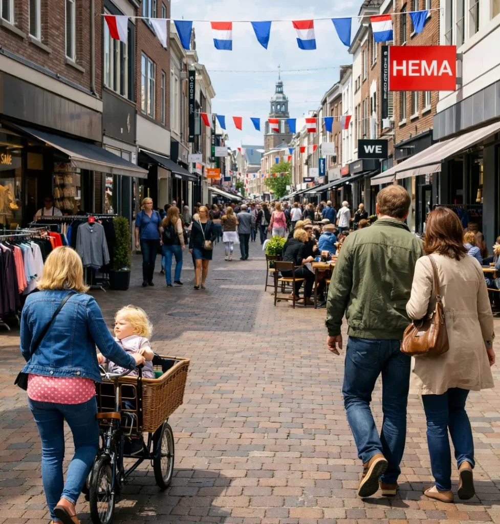 Een realistische foto van een gezellige winkelstraat in Vlissingen op zondag, met shoppers, terrassen en Nederlandse sfeer.