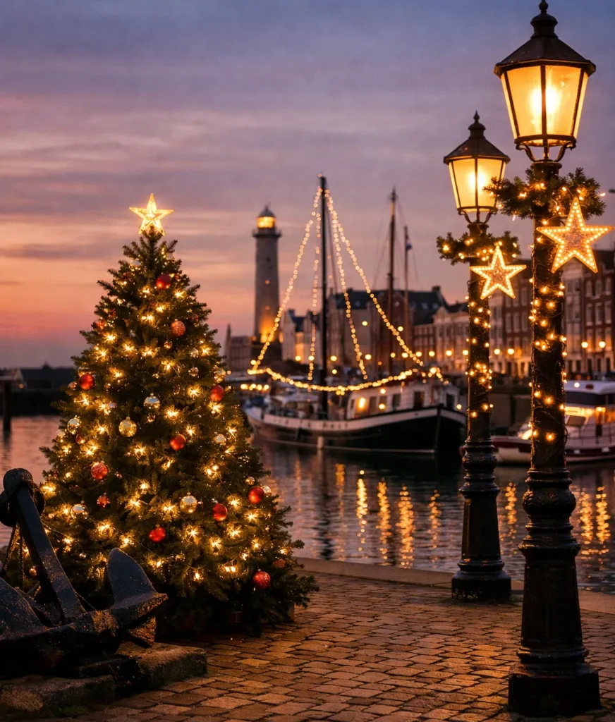 Een realistische sfeerfoto van de haven van Vlissingen tijdens de feestdagen, met warme lichtjes, boten en een gezellige winteravond.