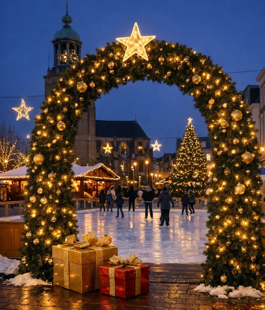 Sfeervolle kerstverlichting en winterse gezelligheid in het centrum van Vlissingen.