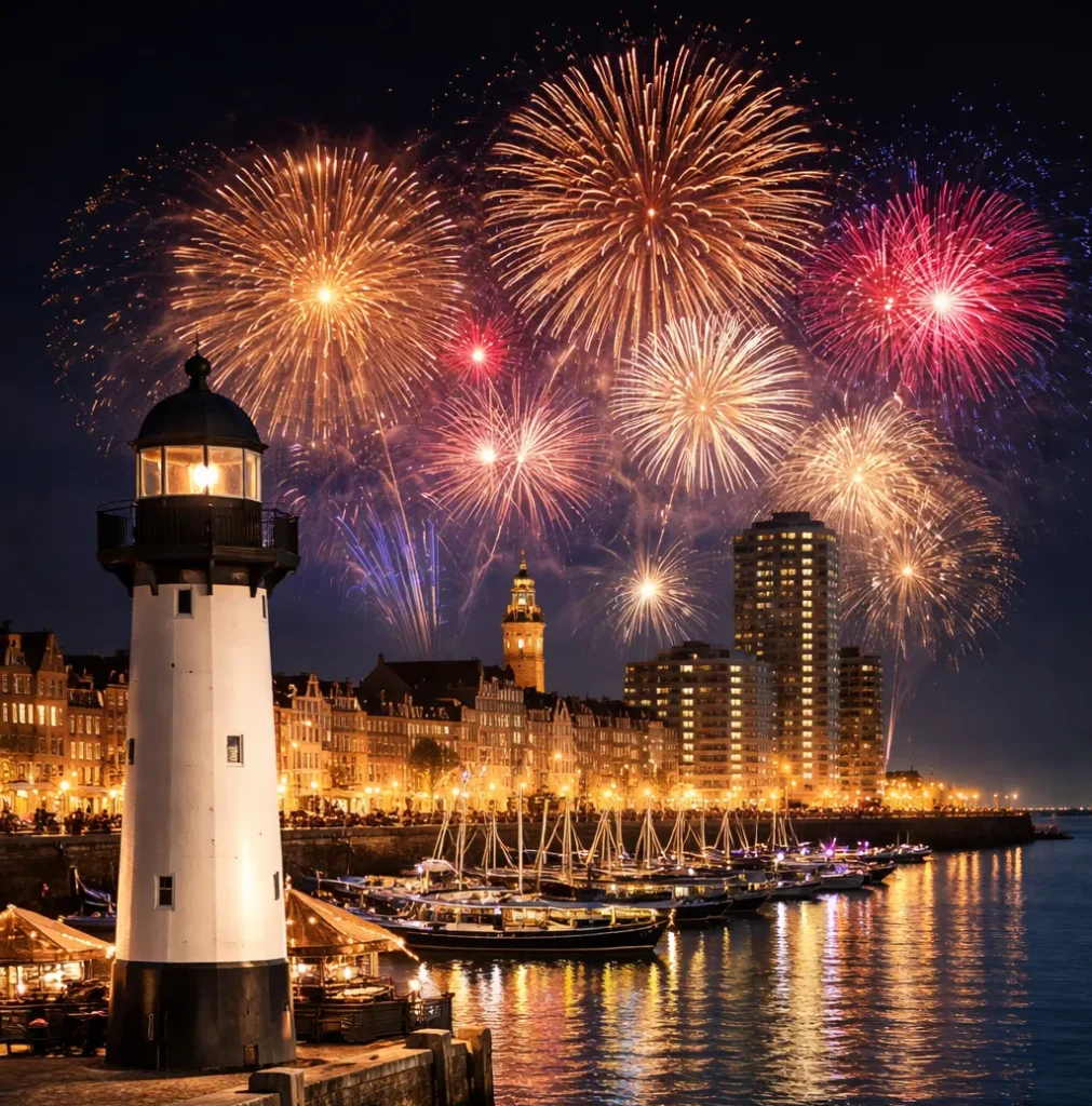 Feestelijk avondbeeld van de haven van Vlissingen met vuurwerk, lichtjes en een sfeervolle kust.