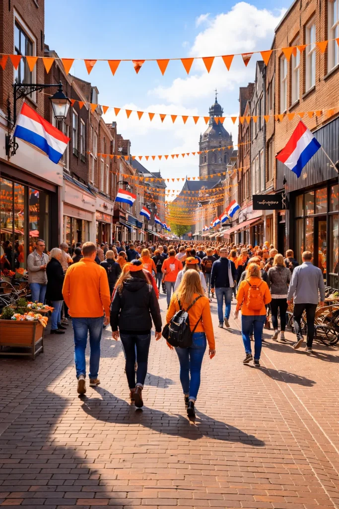 Feestelijke winkelstraat in Vlissingen tijdens Koningsdag, vol bezoekers en oranje sfeer.