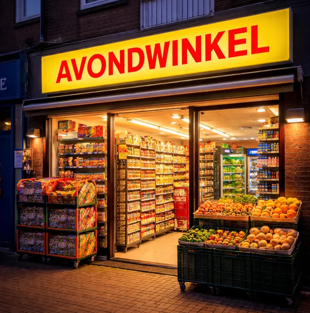 Verlichte avondwinkel in de schemering.
