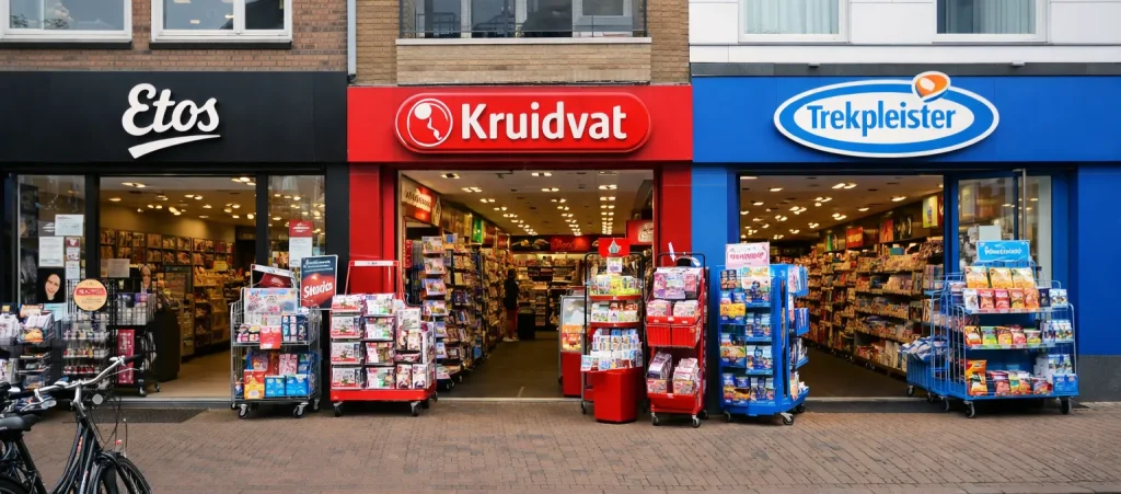 Drie drogisterijen in een winkelstraat in Vlissingen.