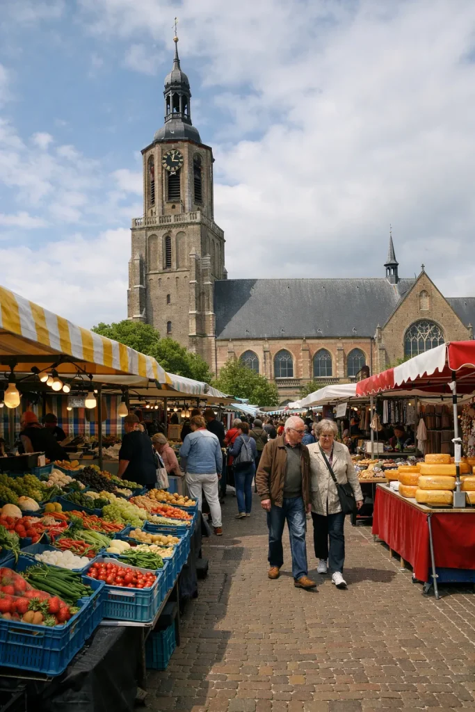 Gezellige markt met verse producten en kramen in het centrum van Vlissingen.