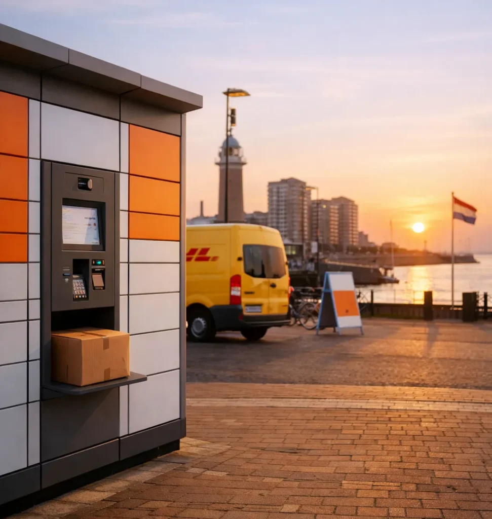 Realistische foto van een pakketafhaalpunt in Vlissingen, zonder tekst in beeld.