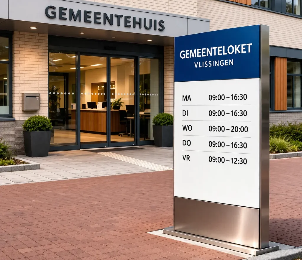 Realistische foto van de ingang van het gemeenteloket in Vlissingen, overdag en zonder tekst in beeld.