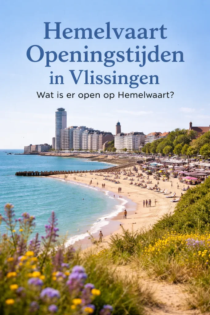 Zonnig kustzicht in Vlissingen met strand, zee en een levendige boulevard.