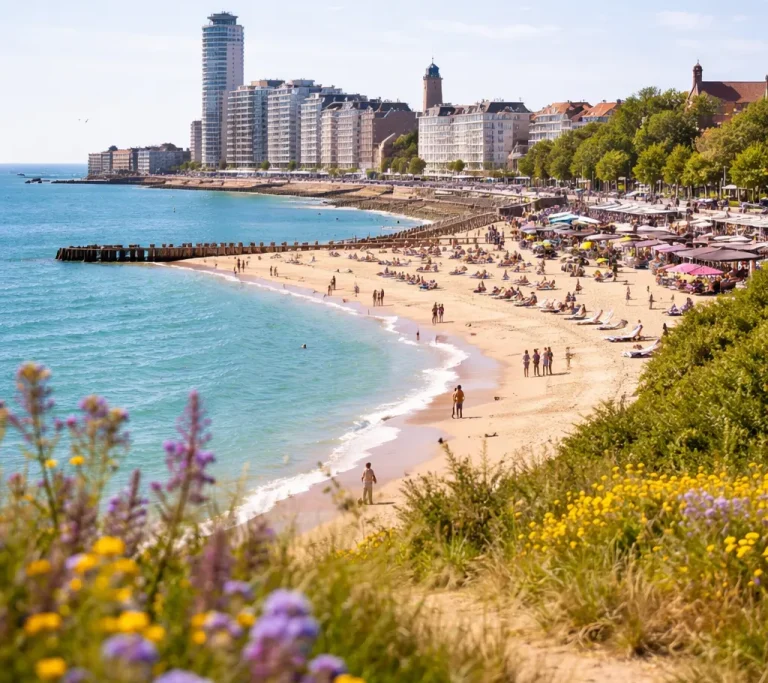Zonnig kustzicht in Vlissingen met strand, zee en een levendige boulevard.