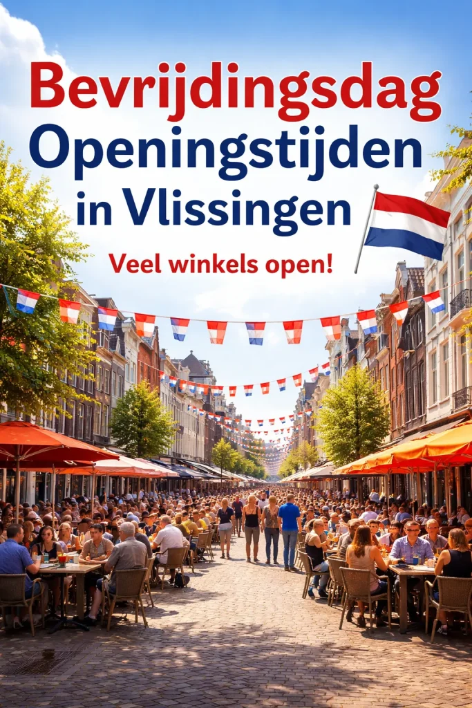 Feestelijke straat in Vlissingen met Nederlandse vlaggen en drukke terrassen.