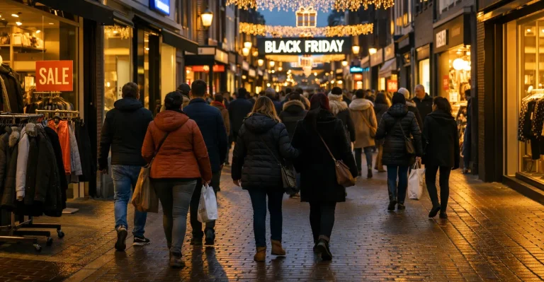 Drukke winkelstraat in Vlissingen tijdens Black Friday, met sfeervolle verlichting en veel shoppers.